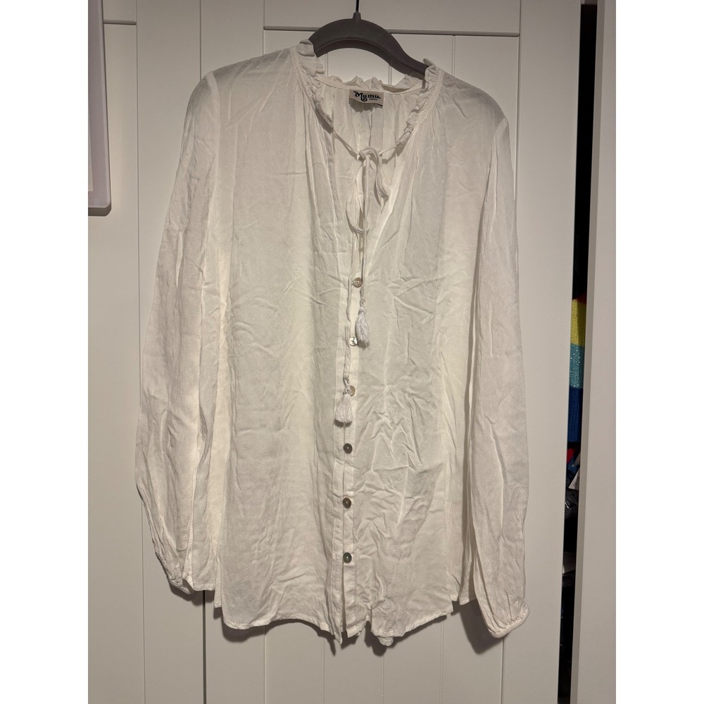 Show Me Your Mumu White Swiss Dot Ruffle Neck Tassel Tie Blouse Small